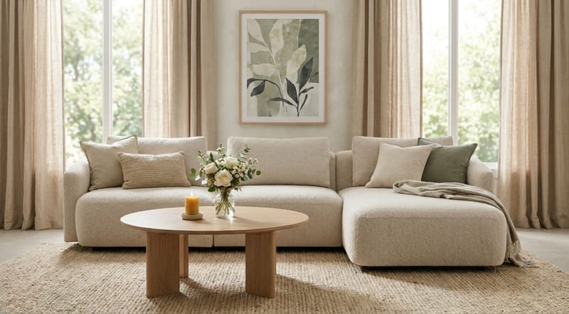 Milano 5-personers Afrundet Højrevendt L-sofa med Lav Ryg i Beige Boucle - Møbler - Sofaer - Sofa med chaiselong
