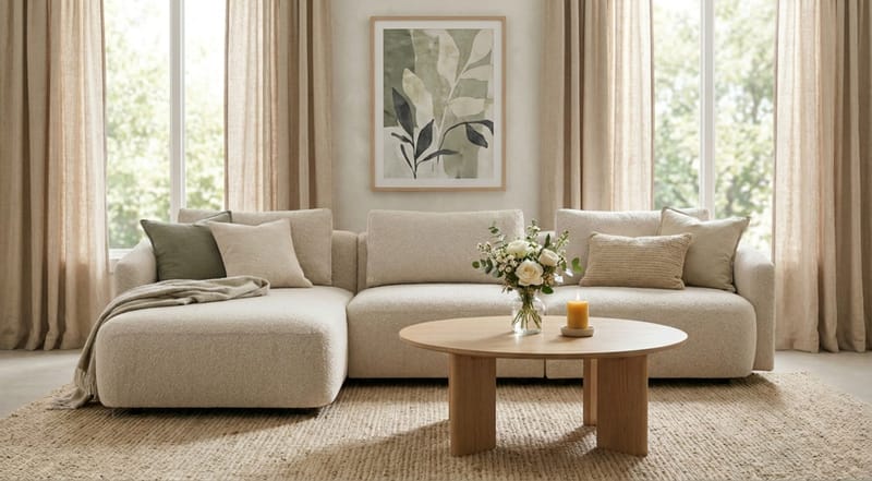Milano 5-personers Afrundet Venstrevendt L-sofa med Lav Ryg i Beige Boucle - Møbler - Sofaer - Sofa med chaiselong
