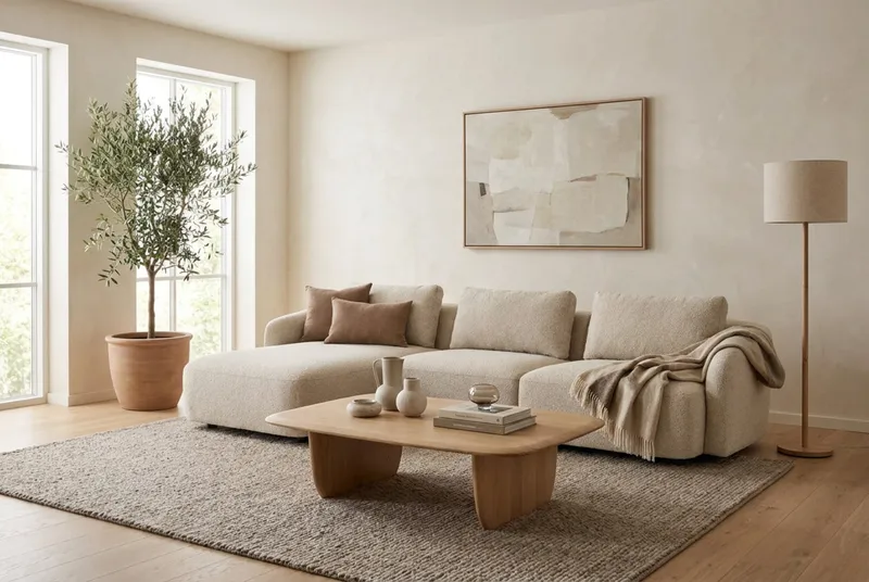 Milano 5-personers Afrundet Venstrevendt L-sofa med Lav Ryg i Beige Bouclé - Beige - Møbler - Sofaer - Sofa med chaiselong