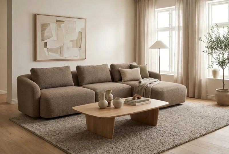 Milano 5-personers Afrundet Højrevendt L-sofa med Lav Ryg i Brun Bouclé - Brun - Møbler - Sofaer - Sofa med chaiselong