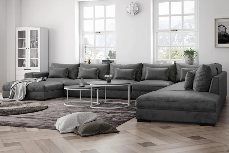 Dubai stor U-modulsofa Large med divan højre fløjl ekstra dyb - Mørkegrå - Møbler - Sofaer - Modulsofaer - Komplet modulsofa