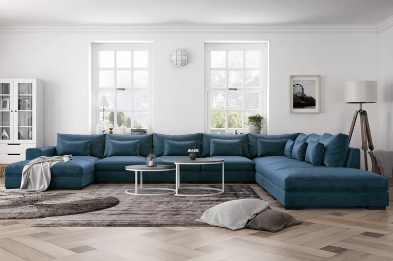 Dubai U-modulsofa Large med divan venstre fløjl ekstra dyb - Blå - Møbler - Sofaer - Modulsofaer - Komplet modulsofa