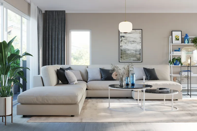 Arken 6-personers Vendbar L-formet Modulhjørnesofa med Chaiselong + Fodskammel i Stof, Beige