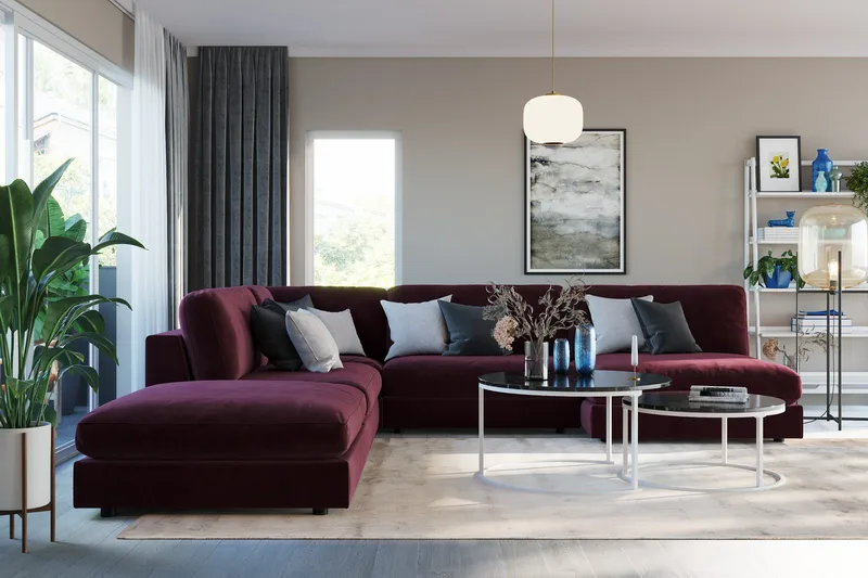 Arken 6-personers Vendbar L-formet Modulhjørnesofa med Chaiselong + Fodskammel i Fløjl - Lilla - Møbler - Sofaer - Modulsofaer - Komplet modulsofa