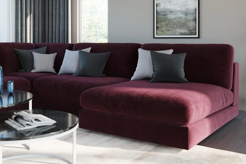 Arken 6-personers Vendbar L-formet Modulhjørnesofa med Chaiselong + Fodskammel i Fløjl - Lilla - Møbler - Sofaer - Modulsofaer - Komplet modulsofa