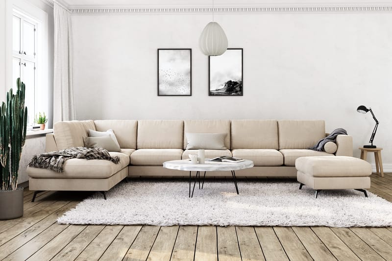 Ocean Lyx 6-personers Venstrevendt U-formet Sofa med Divan og Chaiselong + Fodskammel i Fløjl - Beige - Møbler - Sofaer - U Sofa