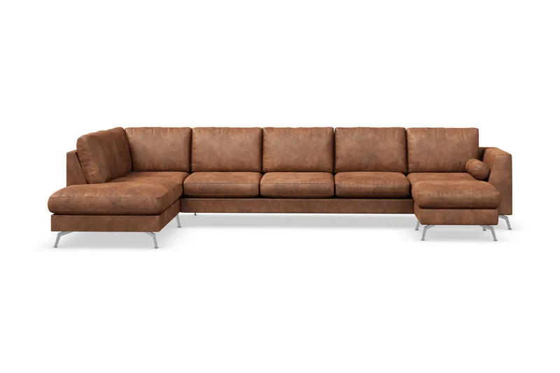 Ocean Lyx 6-personers Venstrevendt U-formet Sofa med Divan og Chaiselong + Fodskammel i Kunstlæder, Brun