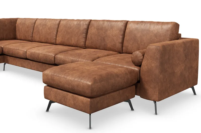 Ocean Lyx 6-personers Venstrevendt U-formet Sofa med Divan og Chaiselong + Fodskammel i Kunstlæder - Brun - Møbler - Sofaer - Lædersofaer