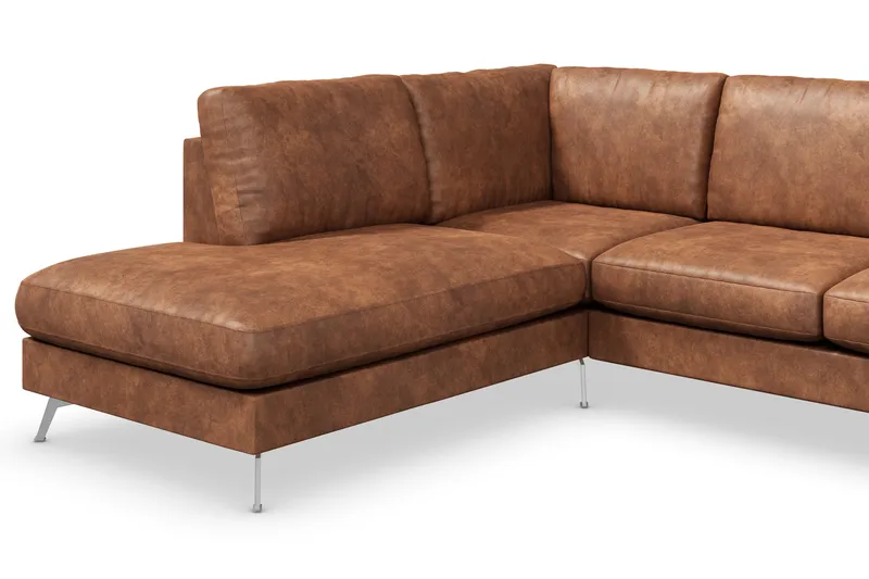 Ocean Lyx 6-personers Venstrevendt U-formet Sofa med Divan og Chaiselong + Fodskammel i Kunstlæder - Brun - Møbler - Sofaer - Lædersofaer