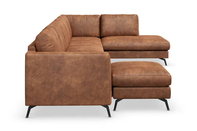 Ocean Lyx 6-personers højrevendt U-formet sofa med divan og chaiselong + fodskammel i kunstlæder - Brun - Møbler - Sofaer - Lædersofaer