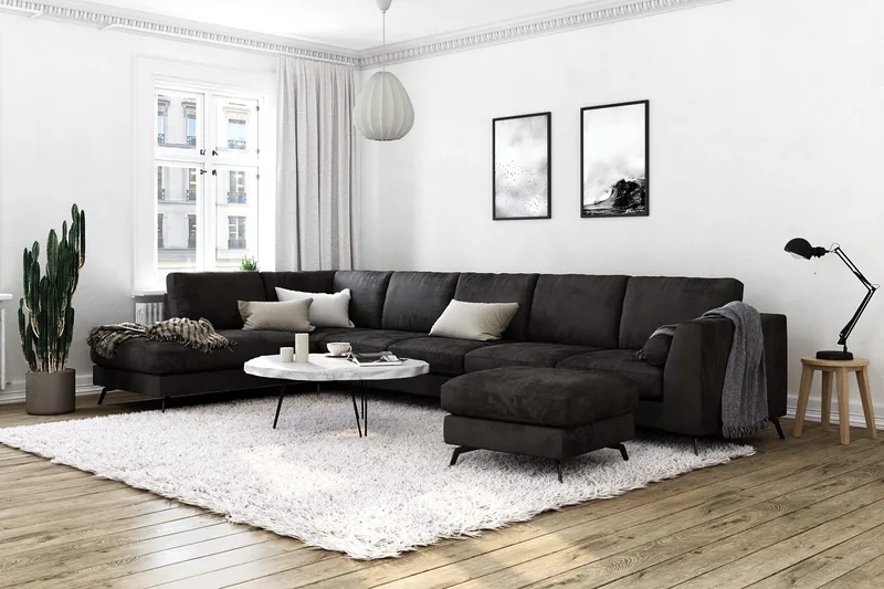 Ocean Lyx 6-personers Venstrevendt U-formet Sofa med Divan og Chaiselong + Fodskammel i Fløjl - Mørkegrå - Møbler - Sofaer - U Sofa