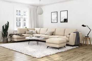 Ocean Lyx 6-personers Venstrevendt U-formet Sofa med Divan og Chaiselong + Fodskammel i Fløjl - Beige - Møbler - Sofaer - U Sofa
