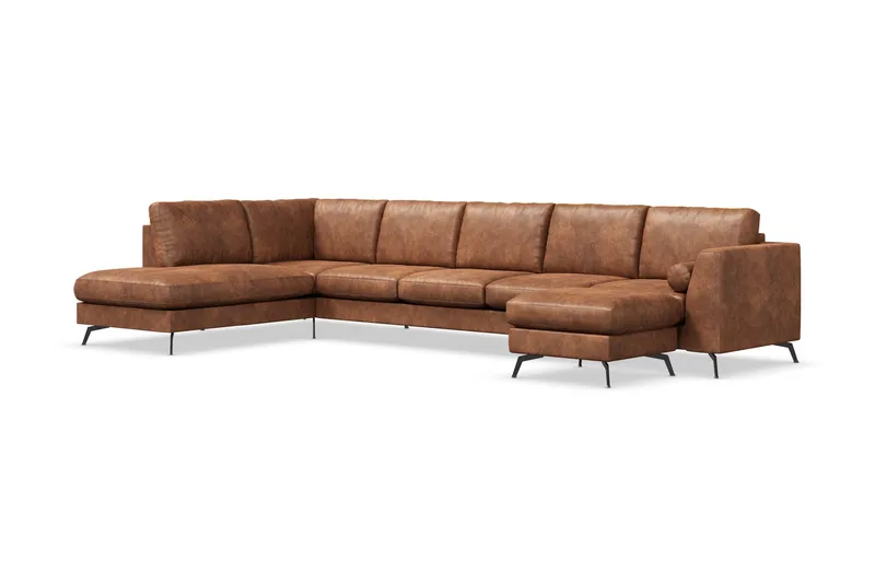 Ocean Lyx 6-personers Venstrevendt U-formet Sofa med Divan og Chaiselong + Fodskammel i Kunstlæder - Brun - Møbler - Sofaer - Lædersofaer