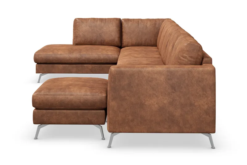 Ocean Lyx 6-personers Venstrevendt U-formet Sofa med Divan og Chaiselong + Fodskammel i Kunstlæder - Brun - Møbler - Sofaer - Lædersofaer