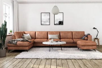 Ocean Lyx 6-personers Venstrevendt U-formet Sofa med Divan og Chaiselong + Fodskammel i Kunstlæder - Brun - Møbler - Sofaer - Lædersofaer