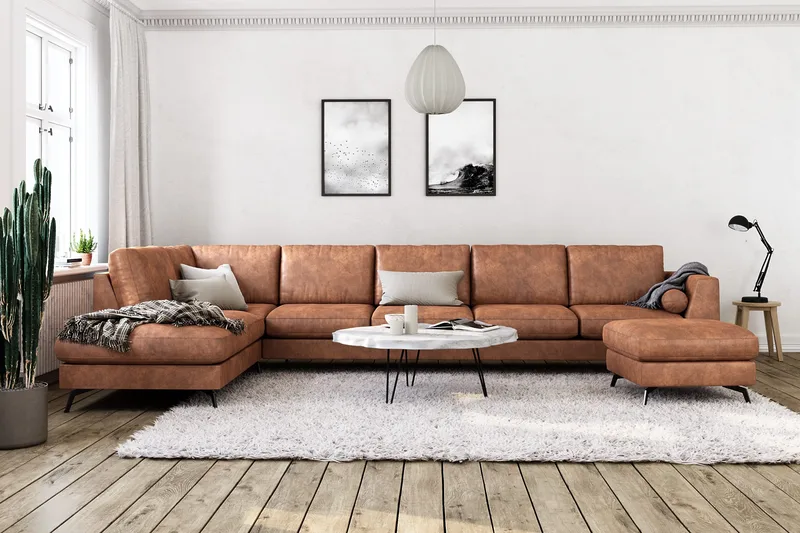 Ocean Lyx 6-personers Venstrevendt U-formet Sofa med Divan og Chaiselong + Fodskammel i Kunstlæder - Brun - Møbler - Sofaer - Lædersofaer