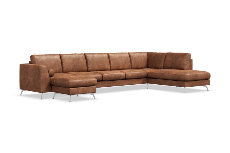 Ocean Lyx 6-personers Højrevendt U-formet Sofa med Divan og Chaiselong + Fodskammel i Kunstlæder - Brun - Møbler - Sofaer - Lædersofaer