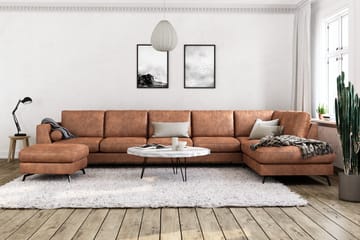 Ocean Lyx 6-personers Højrevendt U-formet Sofa med Divan og Chaiselong + Fodskammel i Kunstlæder - Brun - Møbler - Sofaer - Lædersofaer