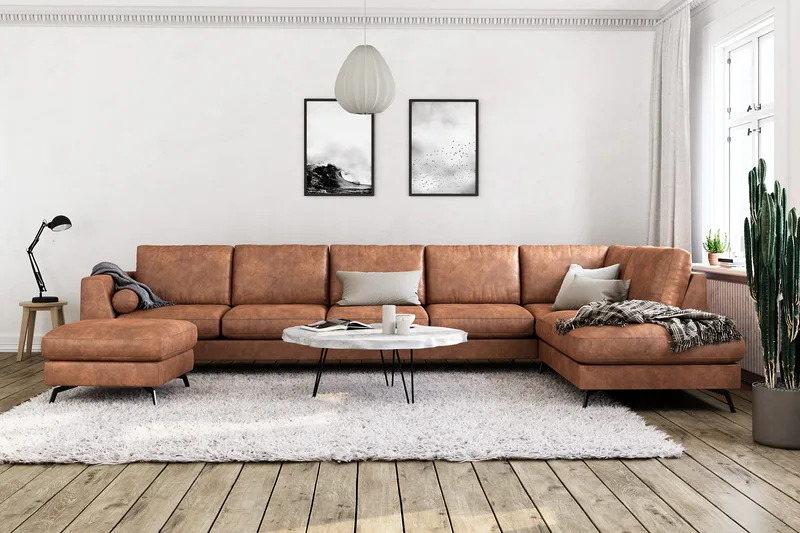 Ocean Lyx 6-personers Højrevendt U-formet Sofa med Divan og Chaiselong + Fodskammel i Kunstlæder - Brun - Møbler - Sofaer - Lædersofaer