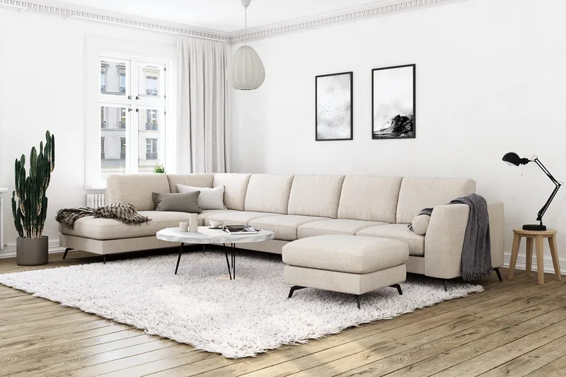 Ocean Lyx 6-personers Venstrevendt U-formet Sofa med Divan og Chaiselong + Fodskammel i Stof - Beige - Møbler - Sofaer - U Sofa