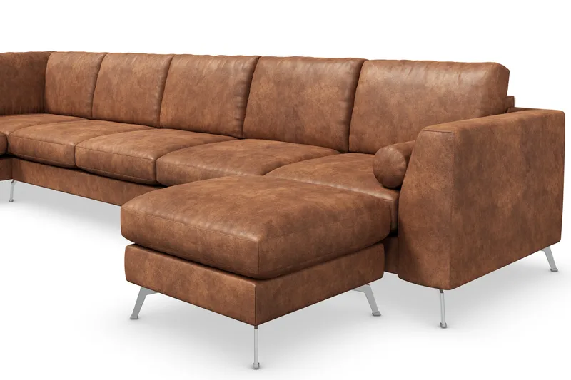 Ocean Lyx 6-personers Venstrevendt U-formet Sofa med Divan og Chaiselong + Fodskammel i Kunstlæder - Brun - Møbler - Sofaer - Lædersofaer