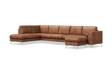 Ocean Lyx 6-personers venstrevendt U-formet sofa med divan og chaiselong + fodskammel i kunstlæder - Brun - Møbler - Sofaer - Lædersofaer