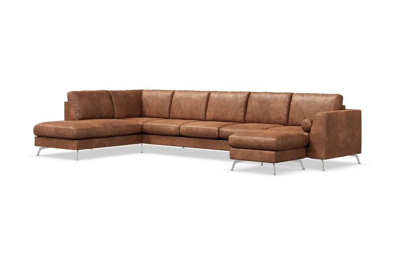 Ocean Lyx 6-personers Venstrevendt U-formet Sofa med Divan og Chaiselong + Fodskammel i Kunstlæder - Brun - Møbler - Sofaer - Lædersofaer