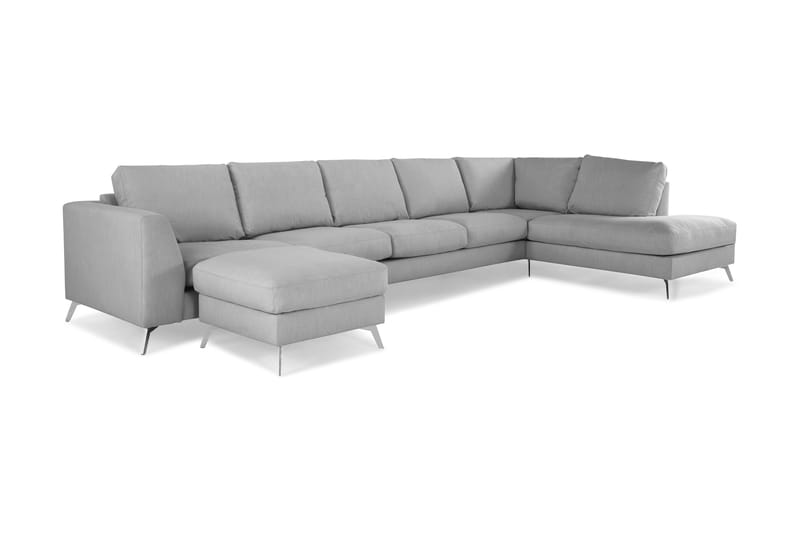 Ocean Lyx 6-personers Højrevendt U-formet Sofa med Divan og Chaiselong + Fodskammel i Stof - Grå - Møbler - Sofaer - U Sofa