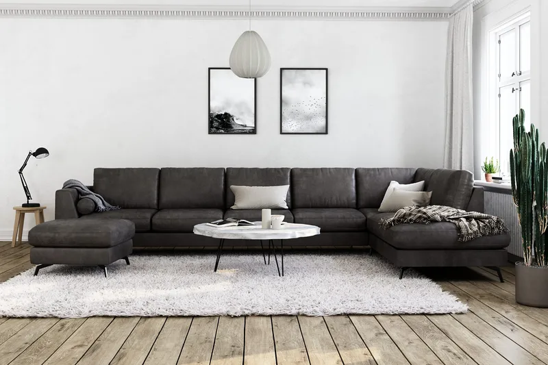 Ocean Lyx 6-personers højrevendt U-formet sofa med divan og chaiselong + fodskammel i kunstlæder - Mørkegrå - Møbler - Sofaer - Lædersofaer