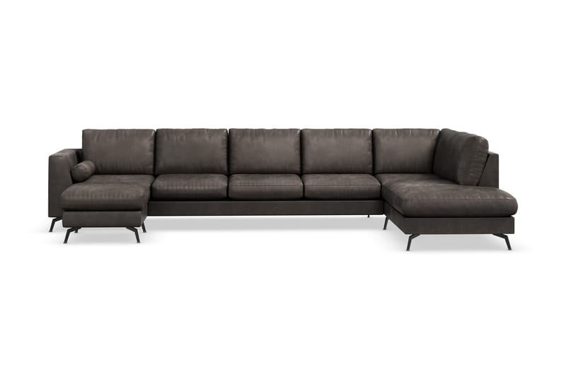 Ocean Lyx 6-personers Højrevendt U-formet Sofa med Divan og Chaiselong + Fodskammel i Kunstlæder, Mørkegrå