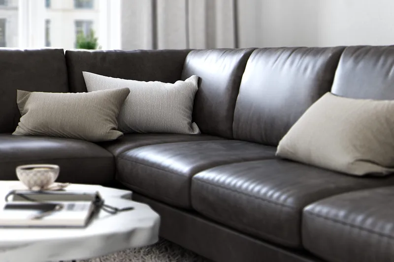 Ocean Lyx 6-personers Venstrevendt U-formet Sofa med Divan og Chaiselong + Fodskammel i Kunstlæder - Mørkegrå - Møbler - Sofaer - Lædersofaer