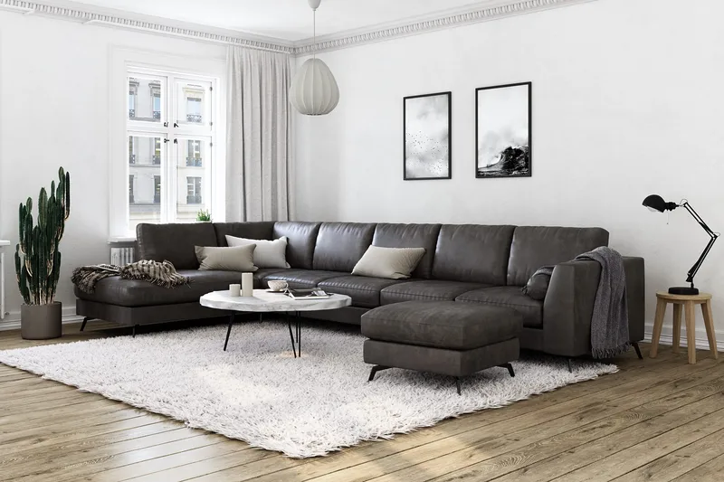 Ocean Lyx 6-personers Venstrevendt U-formet Sofa med Divan og Chaiselong + Fodskammel i Kunstlæder - Mørkegrå - Møbler - Sofaer - Lædersofaer