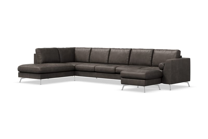 Ocean Lyx 6-personers Venstrevendt U-formet Sofa med Divan og Chaiselong + Fodskammel i Kunstlæder - Mørkegrå - Møbler - Sofaer - Lædersofaer