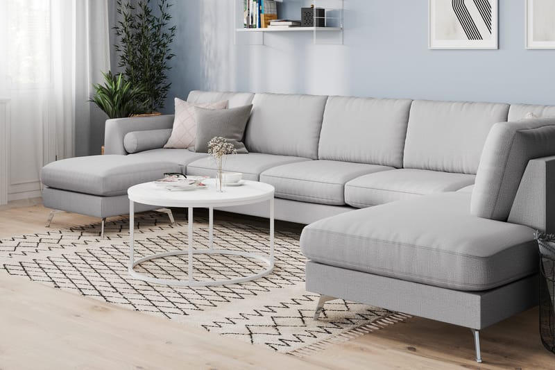 Ocean Lyx 6-personers Højrevendt U-formet Sofa med Divan og Chaiselong + Fodskammel i Stof - Grå - Møbler - Sofaer - U Sofa