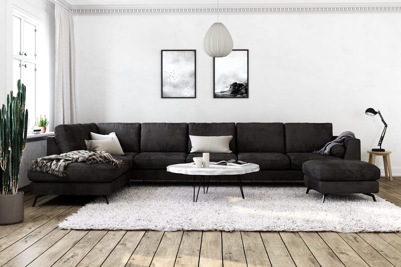Ocean Lyx 6-personers Venstrevendt U-formet Sofa med Divan og Chaiselong + Fodskammel i Fløjl - Mørkegrå - Møbler - Sofaer - U Sofa