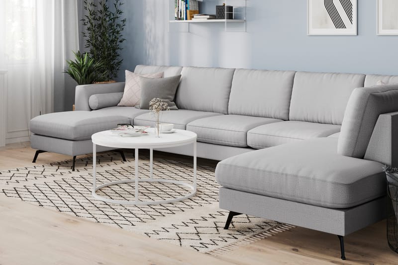 Ocean Lyx 6-personers Højrevendt U-formet Sofa med Divan og Chaiselong + Fodskammel i Stof - Grå - Møbler - Sofaer - U Sofa