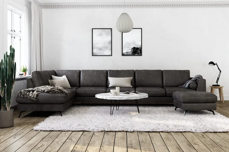Ocean Lyx 6-personers Venstrevendt U-formet Sofa med Divan og Chaiselong + Fodskammel i Kunstlæder - Mørkegrå - Møbler - Sofaer - Lædersofaer