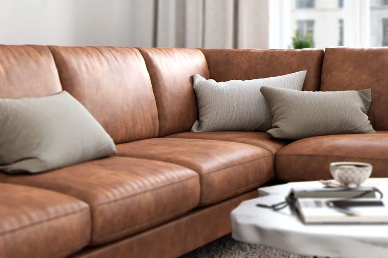 Ocean Lyx 6-personers Højrevendt U-formet Sofa med Divan og Chaiselong + Fodskammel i Kunstlæder - Brun - Møbler - Sofaer - Lædersofaer