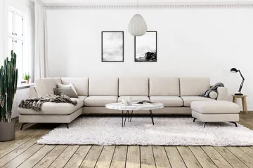 Ocean Lyx 6-personers Venstrevendt U-formet Sofa med Divan og Chaiselong + Fodskammel i Stof - Beige - Møbler - Sofaer - U Sofa