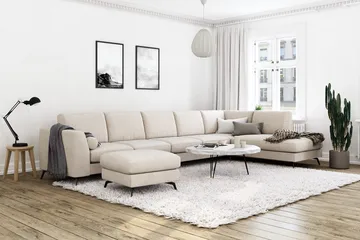 Ocean Lyx 6-personers Højrevendt U-formet Sofa med Divan og Chaiselong + Fodskammel i Stof - Beige - Møbler - Sofaer - U Sofa