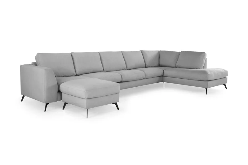 Ocean Lyx 6-personers Højrevendt U-formet Sofa med Divan og Chaiselong + Fodskammel i Stof - Grå - Møbler - Sofaer - U Sofa