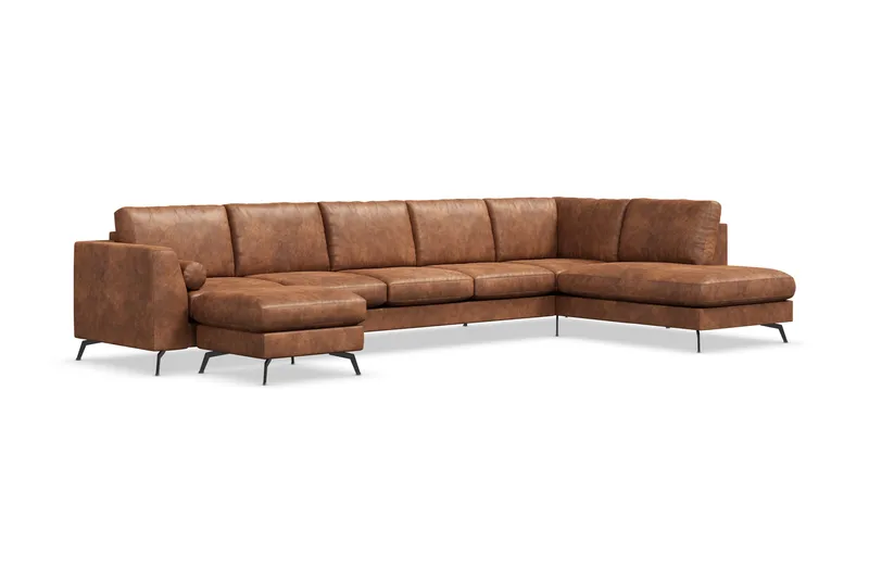 Ocean Lyx 6-personers højrevendt U-formet sofa med divan og chaiselong + fodskammel i kunstlæder - Brun - Møbler - Sofaer - Lædersofaer