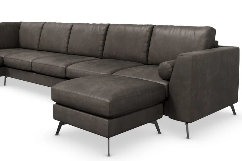 Ocean Lyx 6-personers Venstrevendt U-formet Sofa med Divan og Chaiselong + Fodskammel i Kunstlæder - Mørkegrå - Møbler - Sofaer - Lædersofaer