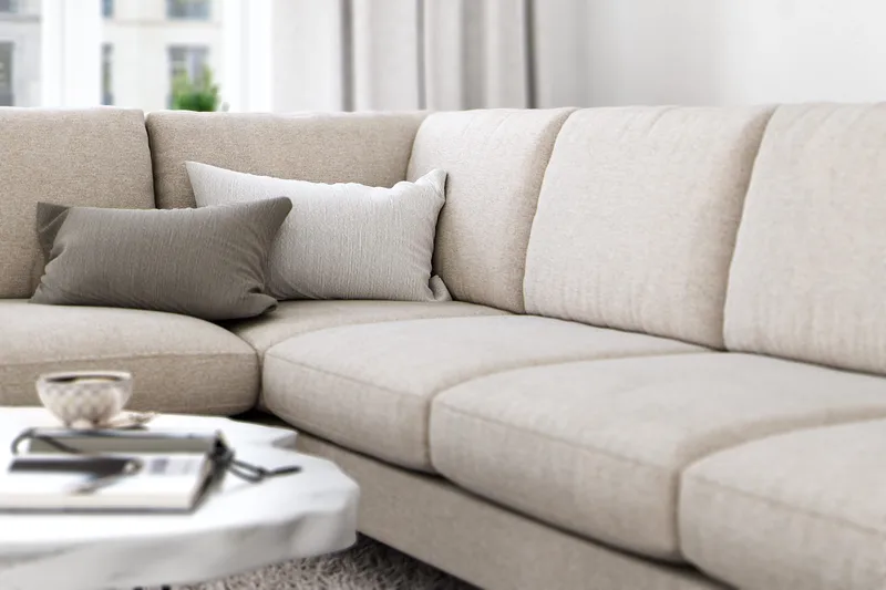 Ocean Lyx 6-personers Venstrevendt U-formet Sofa med Divan og Chaiselong + Fodskammel i Stof - Beige - Møbler - Sofaer - U Sofa