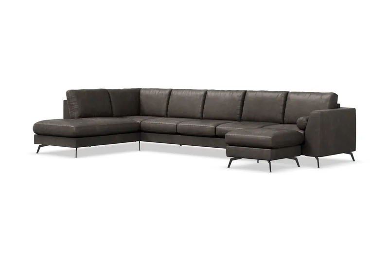 Ocean Lyx 6-personers Venstrevendt U-formet Sofa med Divan og Chaiselong + Fodskammel i Kunstlæder - Mørkegrå - Møbler - Sofaer - Lædersofaer