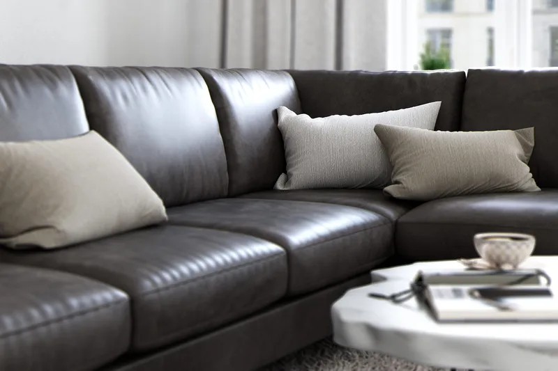 Ocean Lyx 6-personers højrevendt U-formet sofa med divan og chaiselong + fodskammel i kunstlæder - Mørkegrå - Møbler - Sofaer - Lædersofaer