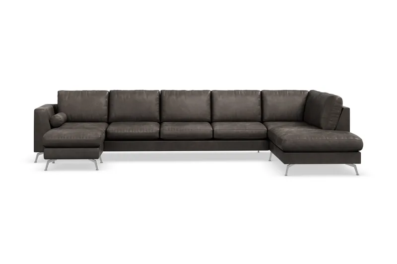 Ocean Lyx 6-personers Højrevendt U-formet Sofa med Divan og Chaiselong + Fodskammel i Kunstlæder, Mørkegrå