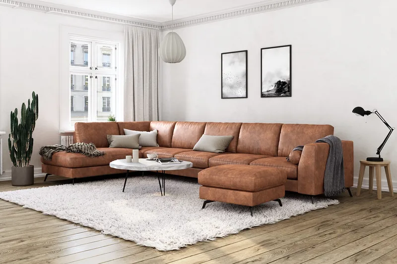 Ocean Lyx 6-personers Venstrevendt U-formet Sofa med Divan og Chaiselong + Fodskammel i Kunstlæder - Brun - Møbler - Sofaer - Lædersofaer