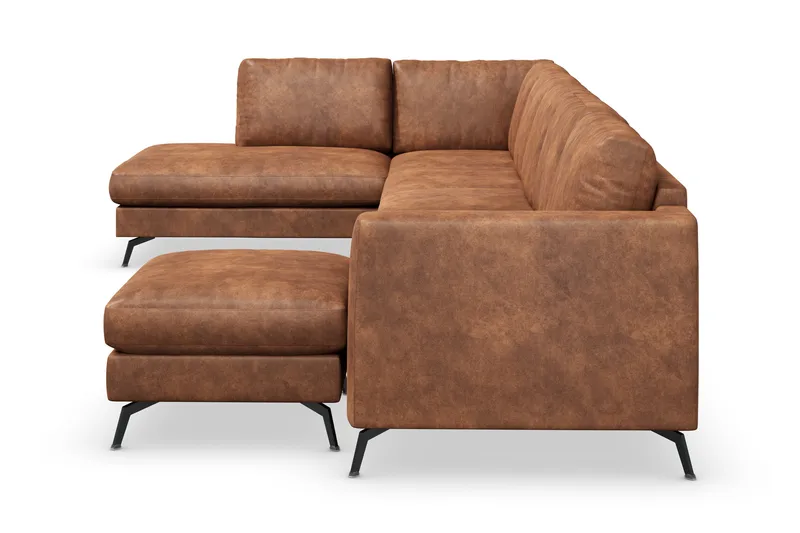 Ocean Lyx 6-personers Venstrevendt U-formet Sofa med Divan og Chaiselong + Fodskammel i Kunstlæder - Brun - Møbler - Sofaer - Lædersofaer