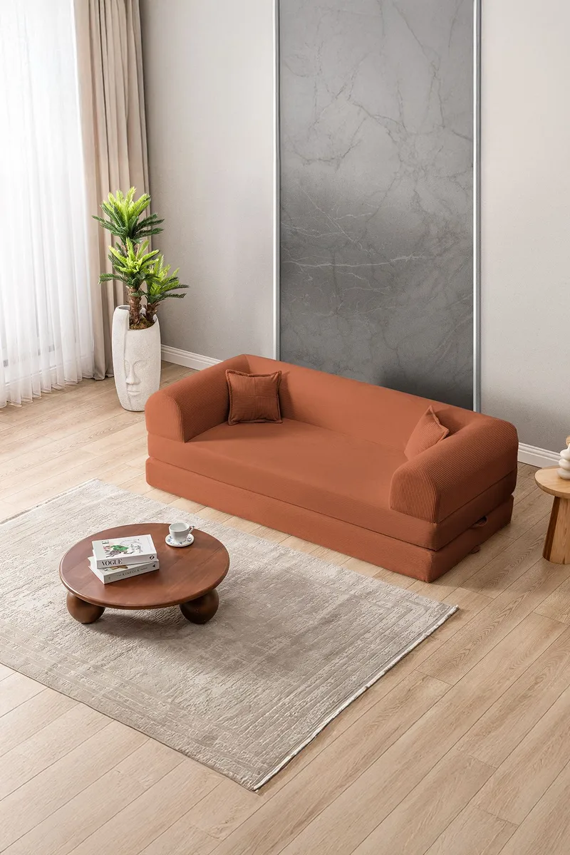 Pento 3-personers Ribbet Sovesofa i Stof - Cognac - Møbler - Sofaer - Sovesofaer